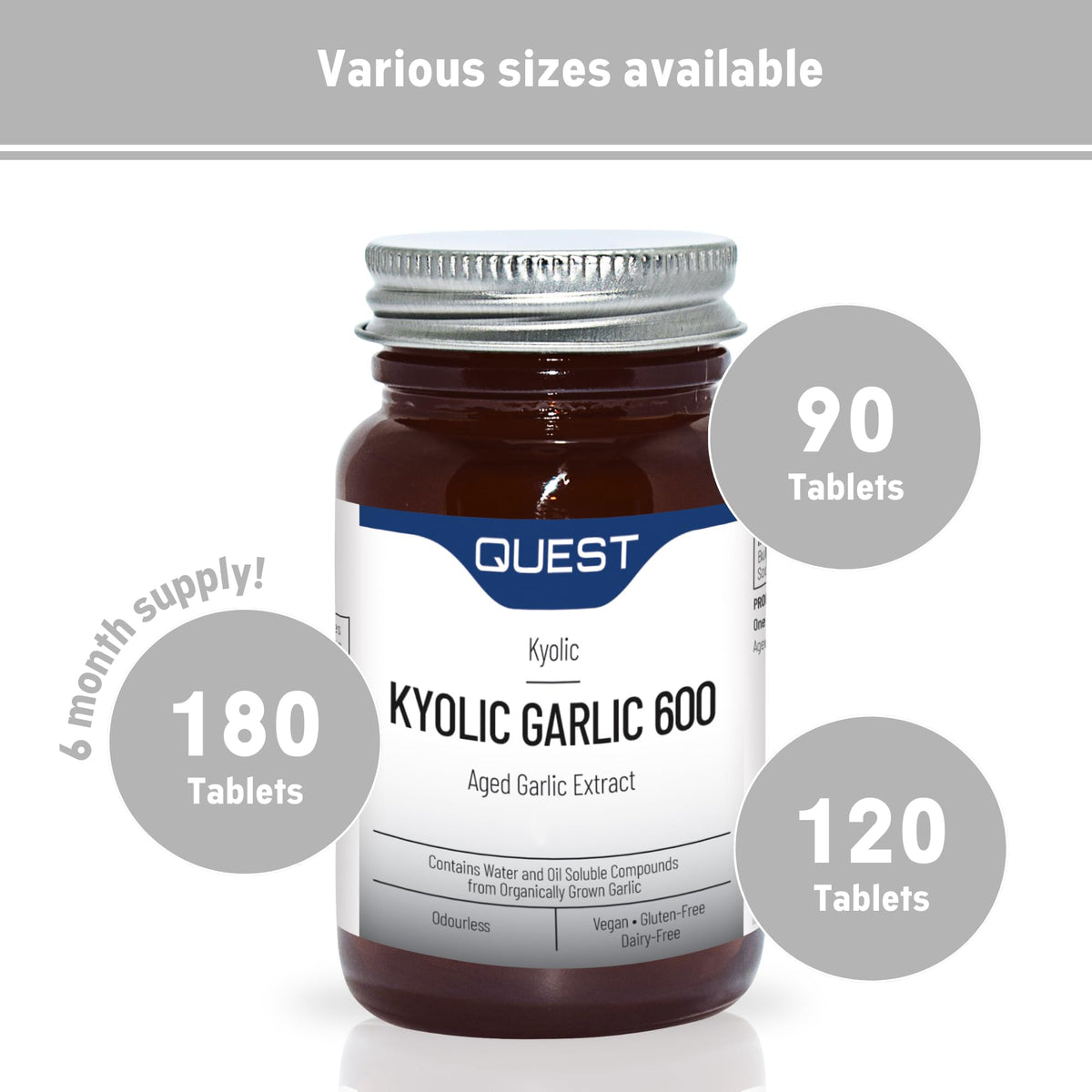 Quest - 45x Kyolic Garlic Tablets. High Strength 1000mg Odourless Aged Garlic Extract for Heart, Immune, Digestive & Cognitive Health. Daily Dietary Supplement. Vegan & Gluten-Free (Pack of 3)