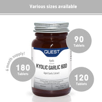Quest - 90x Kyolic Garlic Tablets. High Strength 600mg Odourless Aged Garlic Extract for Heart, Immune, Digestive & Cognitive Health. Daily Dietary Supplement. Vegan & Gluten-Free (Pack of 1)