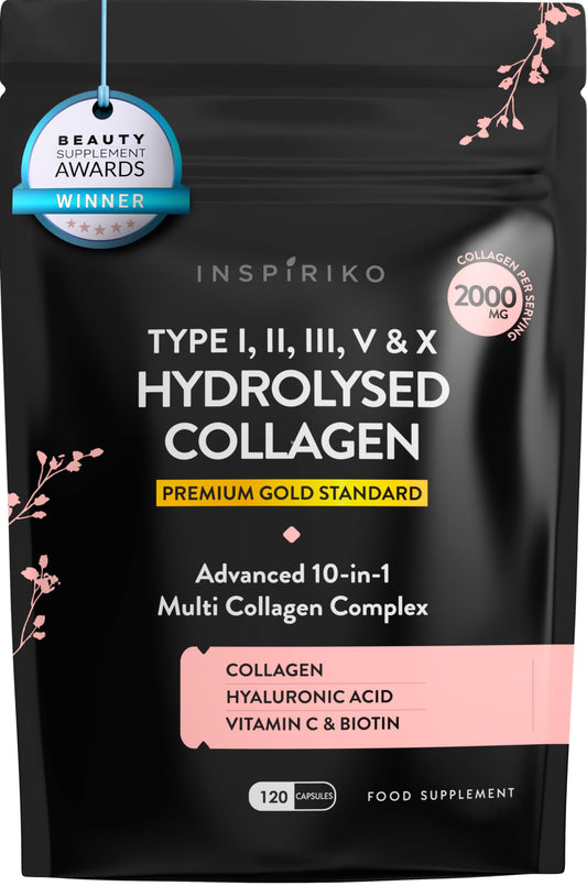 Inspiriko Multi Collagen Supplements for Women - Type I, II, III, V & X Hydrolyzed Collagen Peptides - 2000mg (per 4 capsules) Marine Collagen with Hyaluronic Acid, Bovine, Egg, Cartilage Collagen & 5 Vitamins