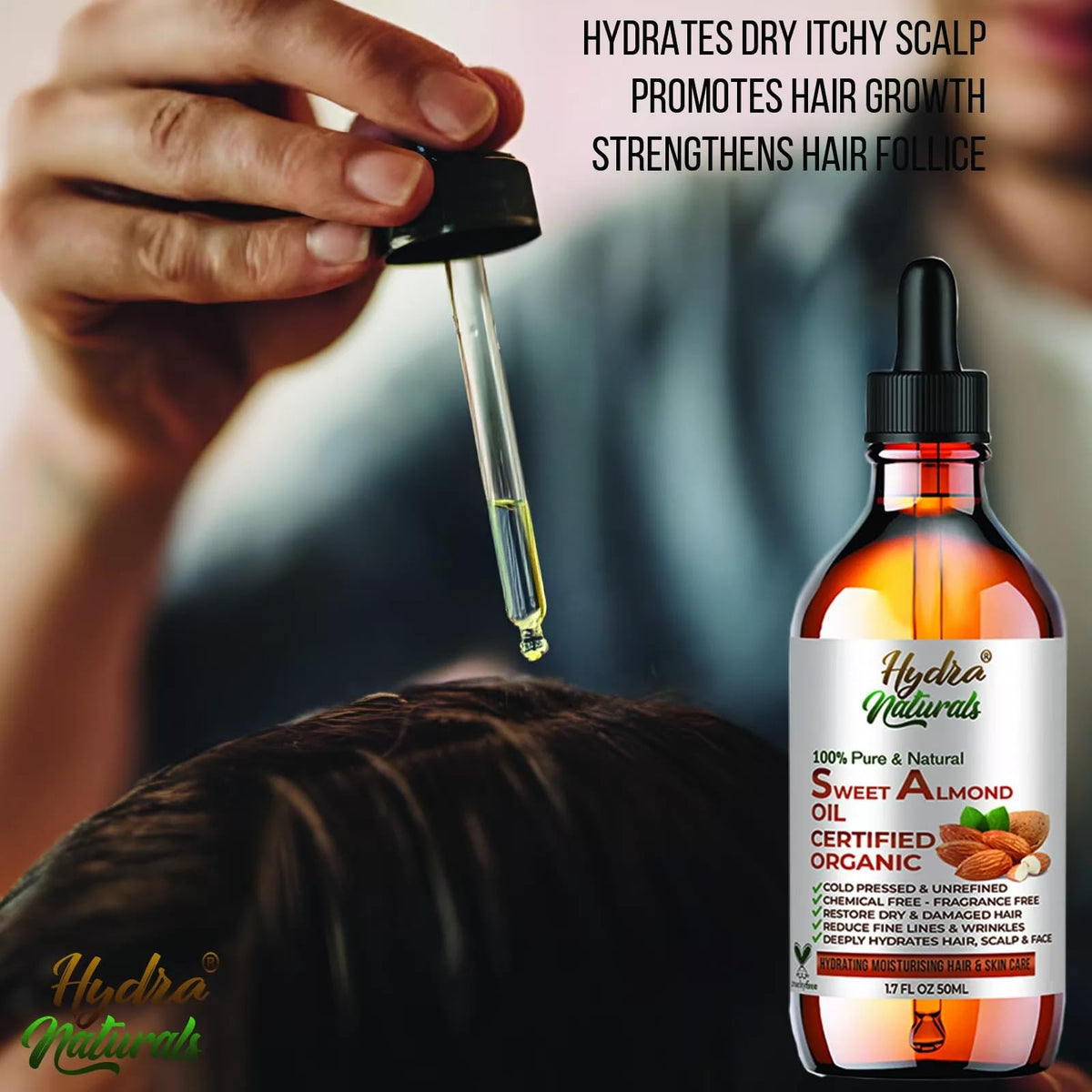 Hydra Naturals 100% Pure Sweet Almond Oil 120ml, Cold Pressed & Natural, for Hair, Skin, Face & Nails, Moisturising, Anti-Ageing, Fast Absorbing, Carrier Oil for Massage & Aromatherapy, UK Made