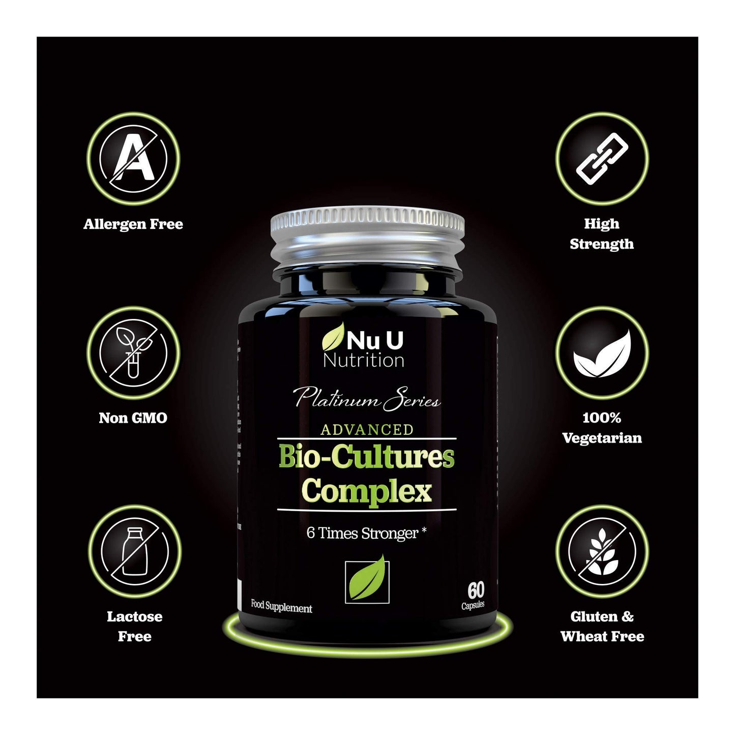 Bio Cultures Probiotics 60 Billion CFU - 60 Capsules - 2 Month Supply - 5 Active Vegetarian Strains with Lactobacillus Acidophilus & Bifidobacterium - Gut Supplements for Women & Men - Nu U Nutrition