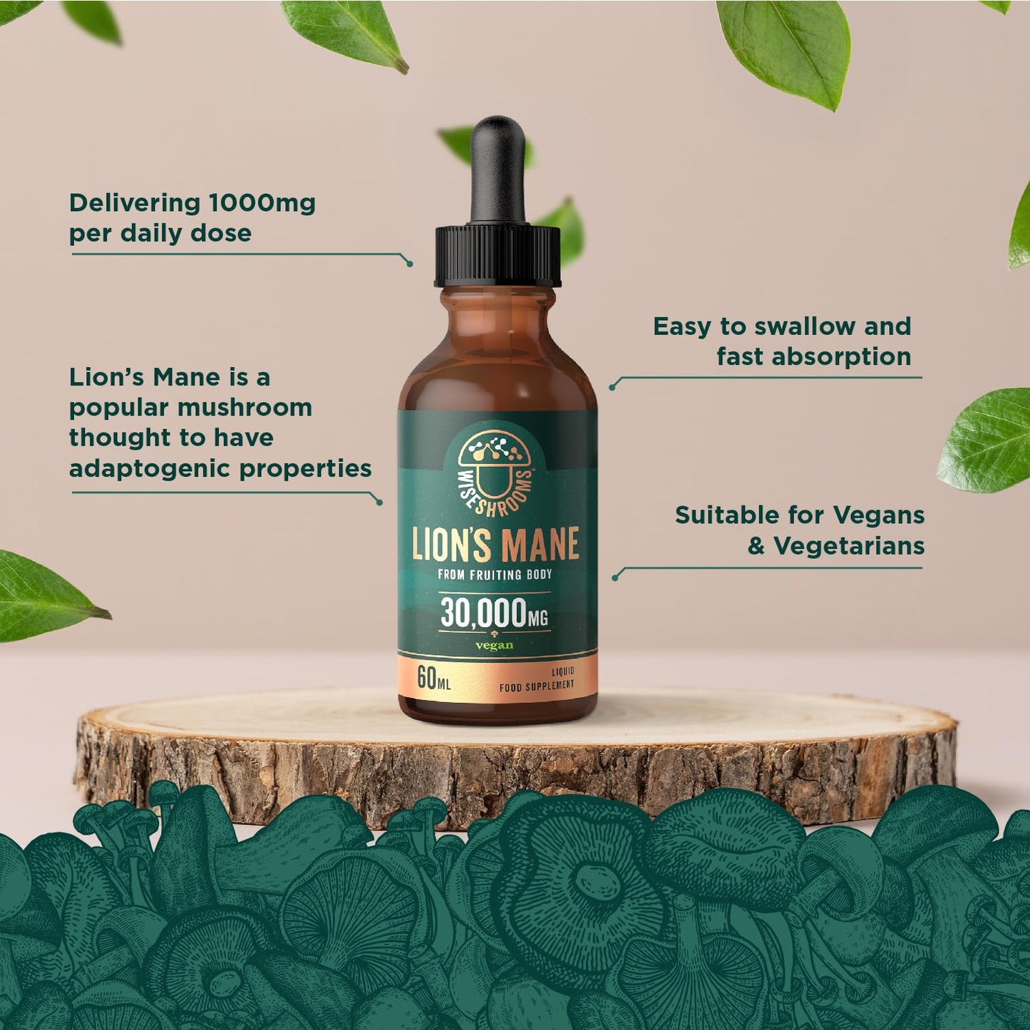 Lions Mane Supplement Liquid Drops 30,000mg | High Strength Lions Mane | from Fruiting Body | 60ml Bottle - Vegan | Wiseshrooms