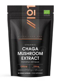 ALPHA01 Organic Chaga Mushroom Capsules 7500mg – 50% Polysaccharides (250mg) - 90 Vegan Capsules (3 Months Supply) Resealable and Recyclable Pouch - By Alpha01