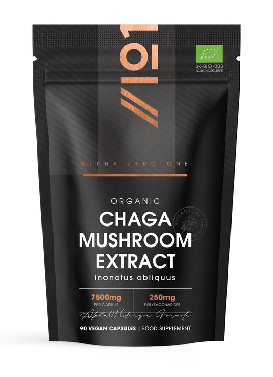 ALPHA01 Organic Chaga Mushroom Capsules 7500mg – 50% Polysaccharides (250mg) - 90 Vegan Capsules (3 Months Supply) Resealable and Recyclable Pouch - By Alpha01