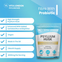 VL Vita London Psyllium Husk 4000mg Fibre Supplement – 60 High Strength Vegan Capsules (Easy Swallow) with Acidophilus Probiotics – Vita London Digestive Health Formula for Men & Women – Made in UK