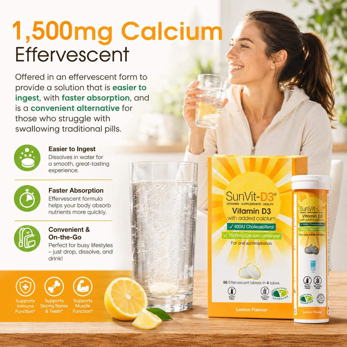 SunVit-D3 Sunvit-D3 Dissolvable Effervescent Lemon Calcium Fizzy Tablets 600mg, with Vitamin D3 400IU Daily Support for Strong Bones & Immune Health, Effervescent Calcium and Vitamin D Tablets 14 X 4 Tubes