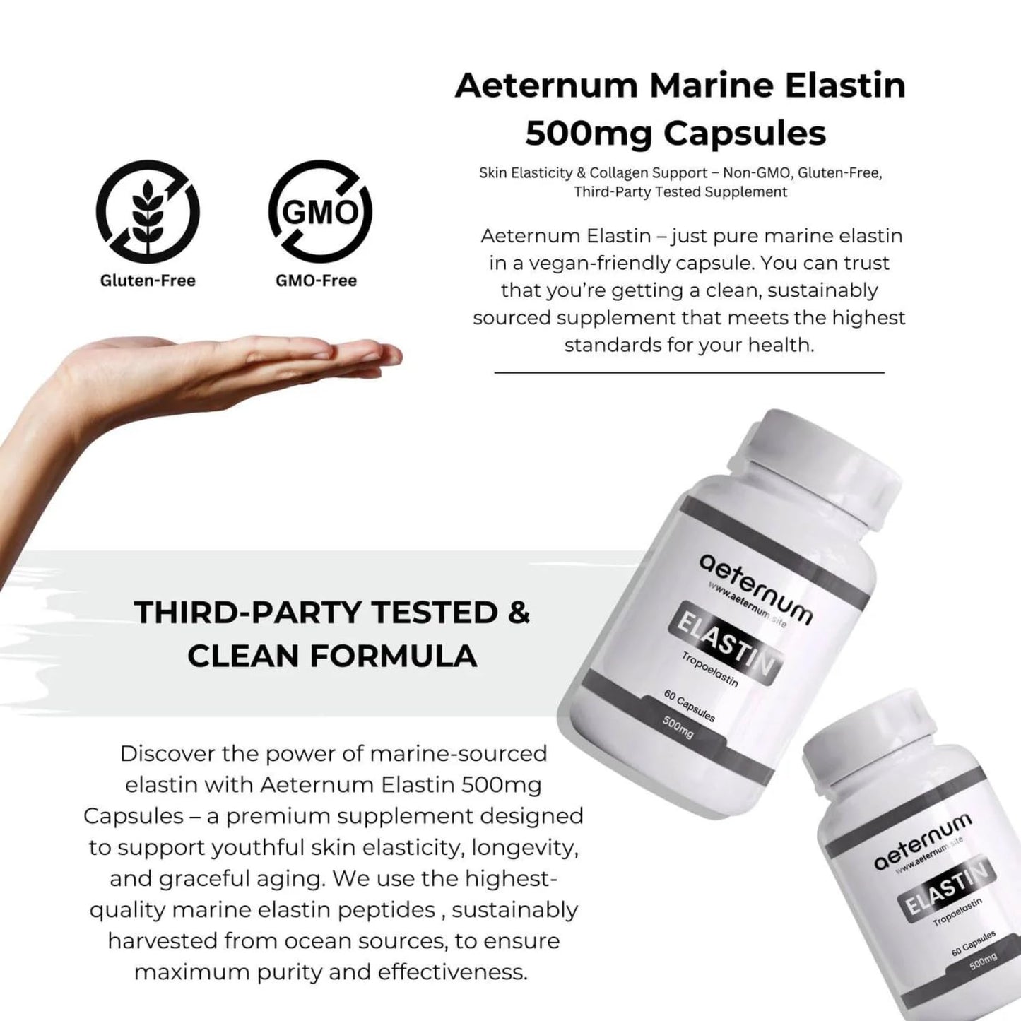 aeternum Marine Elastin 500mg 60 Capsules – Pure Anti-Aging Skin Firming & Collagen Support, Third-Party Tested