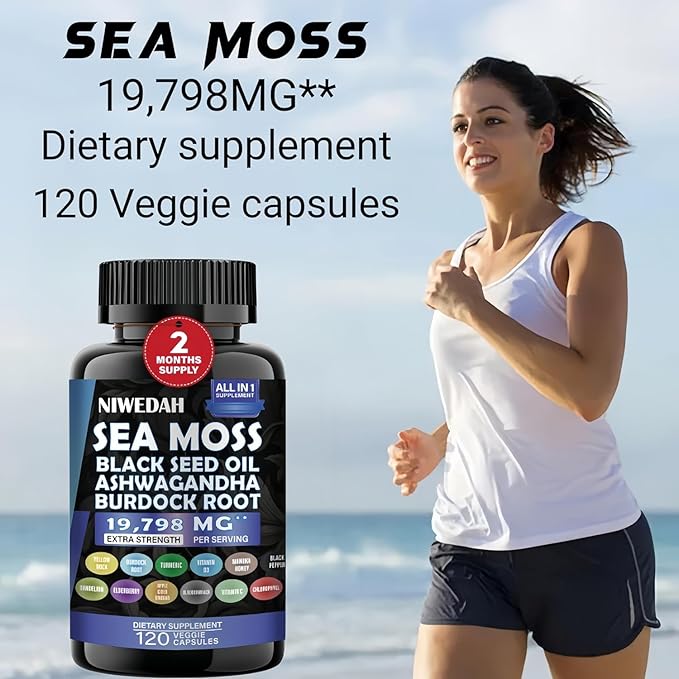 NIWEDAH Sea Moss 7000mg Ashwagandha 2000mg Black Seed Oil 4000mg Turmeric 2000mg Bladderwrack 2000mg Burdock 2000mg & Ginger Vitamin C Vitamin D3 with Elderberry Manuka Dandelion Yellow Dock (120 Capsules)