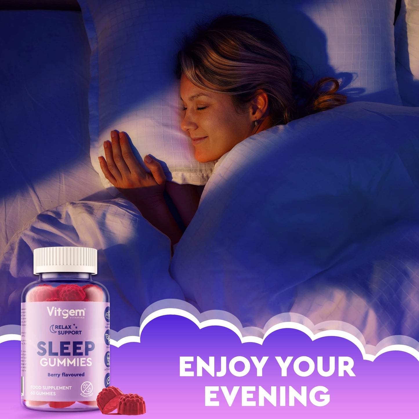 Vitgem Sleeping 60 Gummies for Adults UK - Natural Night Time Support with Magnesium, Ashwagandha & L-Theanine - Non-Drowsy Herbal Sleep Support - Vegan, Sugar Free Berry Flavour (2 Month Supply)