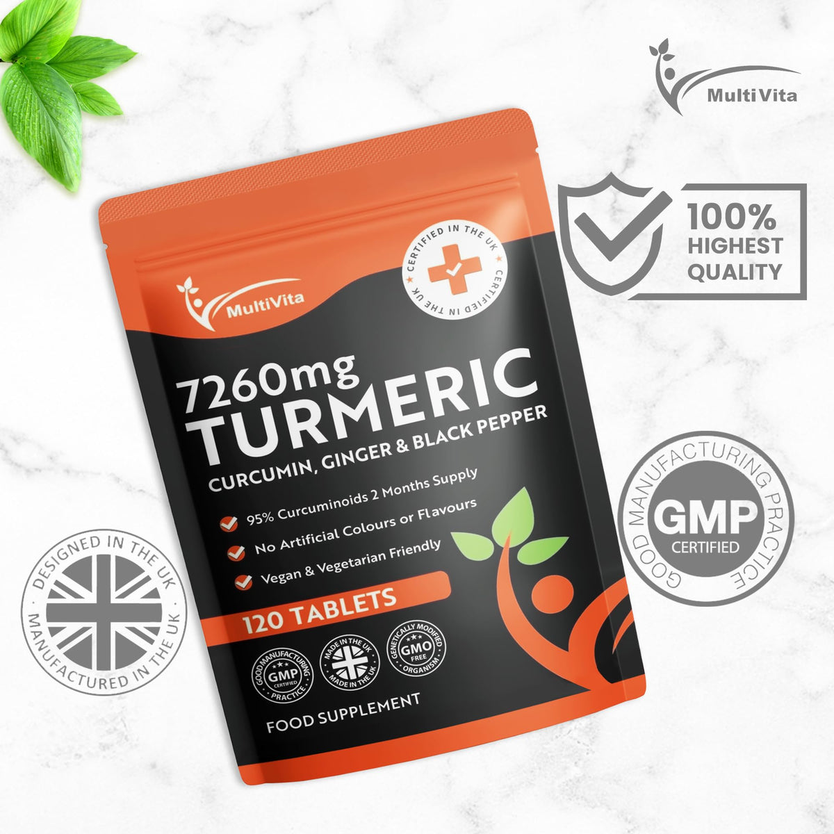 Multivita Turmeric Curcumin Tablets 7,260mg Per Serving - 95% Curcuminoids 2 Months Supply - with Ginger & Active Curcumin Including Black Pepper to Aid Absorption - High Strength Tumeric Supplement - Vegan UK