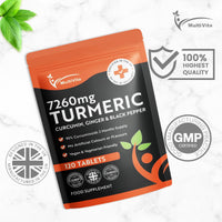 Multivita Turmeric Curcumin Tablets 7,260mg Per Serving - 95% Curcuminoids 2 Months Supply - with Ginger & Active Curcumin Including Black Pepper to Aid Absorption - High Strength Tumeric Supplement - Vegan UK