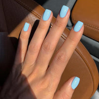 SXVME Light Blue Press on Nails Short Square Acrylic Short False Nails Coffin Natural Acrylic Fake Nails Set Elegant Solid Color Full Cover Glossy Gel Stick on Nail for Women Daily Wear 24 Pcs