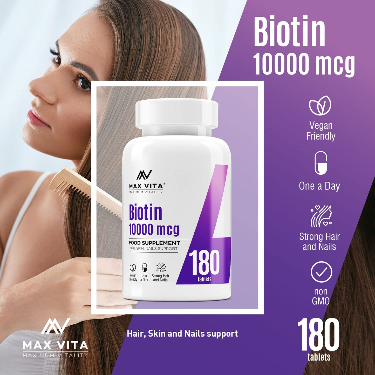 MAX VITA MAXIMUM VITALITY Biotin 10,000mcg High Strength Supplement for Men and Women|Supports Healthy Hair, Skin & Nails|180 Vegetarian Tablets (Non-GMO, Gluten Free) Made in The UK