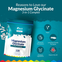 Magnesium Glycinate | Citrate | Malate | 3-in-1 Complex 1813mg - 120 Vegan Capsules - Sustained Release - Triple High Absorption 384mg Elemental Mag per Serving - Made in the UK - Nu U Nutrition