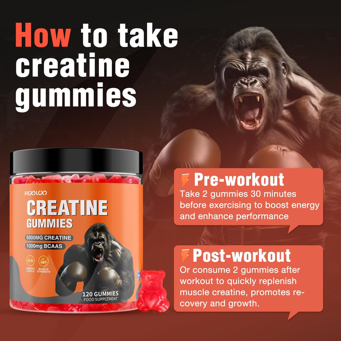 Creatine Gummies 5000mg Creatine Monohydrate with 1000mg BCAAs per Serving for Men & Women, Vegan & Sugar-Free, Easy Pre/Post Workout Gym Support for Performance and Muscle Power (2 Month Supply)