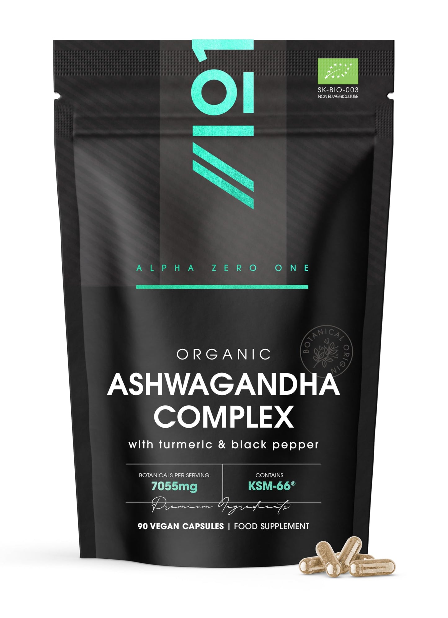 ALPHA01 Organic Ashwagandha Complex 7055mg - KSM-66® with Turmeric & Black Pepper - 22.5mg Withanolides - Most Bioavailable Full-Spectrum Root Extract - Not Tablets or Powder - 90 Vegan Capsules by Alpha01