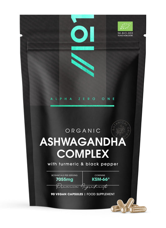 ALPHA01 Organic Ashwagandha Complex 7055mg - KSM-66® with Turmeric & Black Pepper - 22.5mg Withanolides - Most Bioavailable Full-Spectrum Root Extract - Not Tablets or Powder - 90 Vegan Capsules by Alpha01