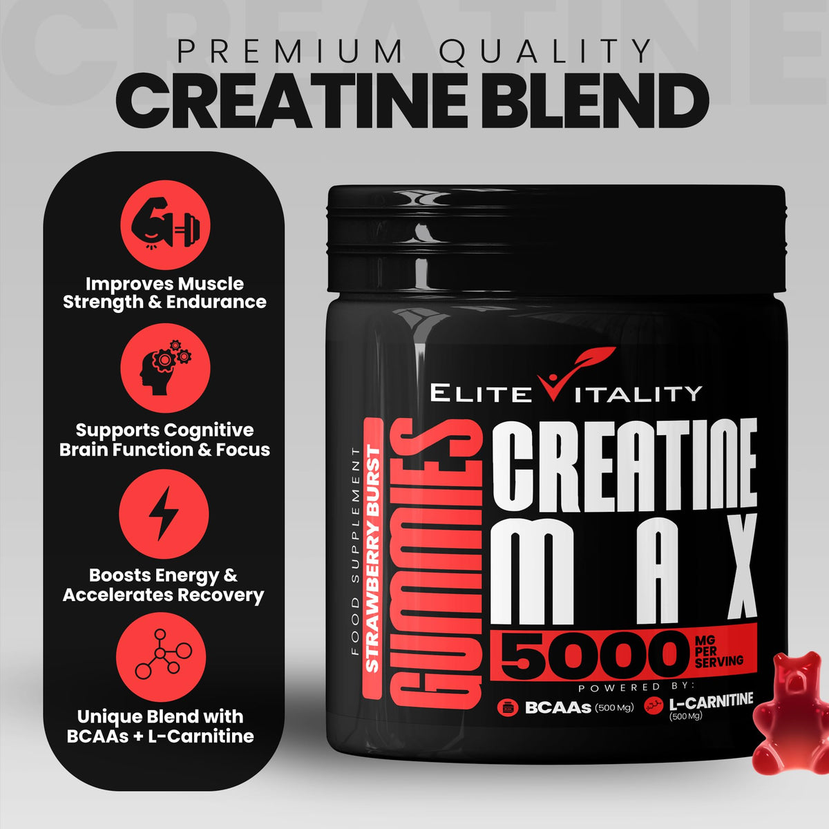 Elite Vitality Creatine Monohydrate 90 Gummies 5000mg + BCAAs & L-Carnitine – 3rd Party Lab Tested, Vegan, Sugar-Free, Pre Workout Muscle Growth & Recovery Gym Supplement for Men & Women – Juicy Strawberry Burst