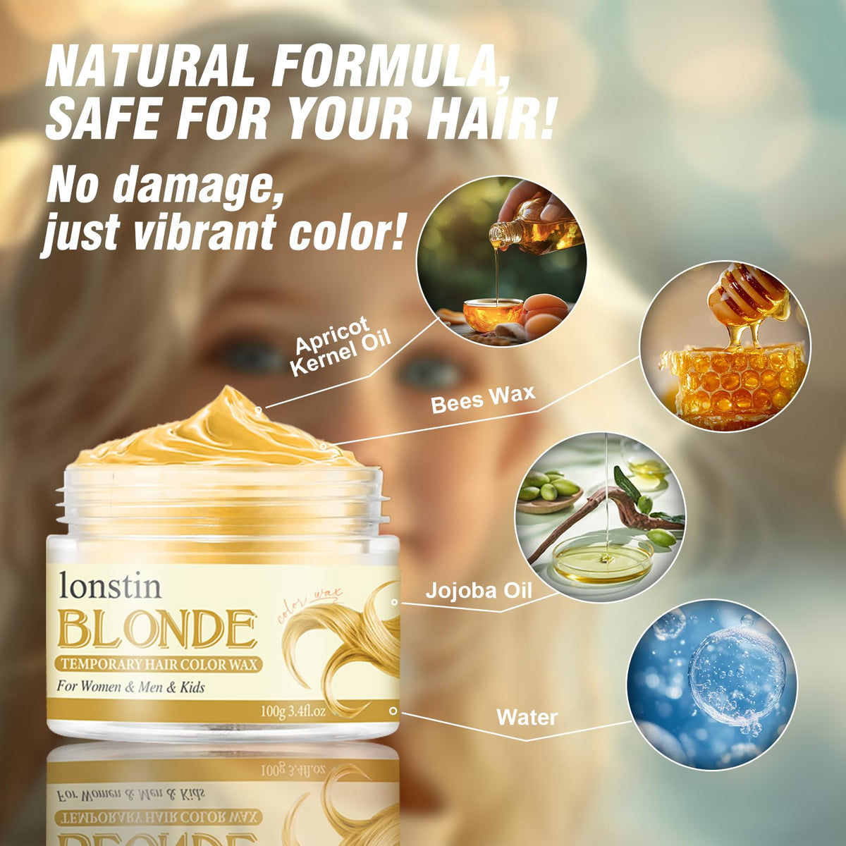 lonstin Gold Temporary Hair Styling Putty - Washable Hair Colour Wax for Men & Women - Non-Sticky Hair Clay for Natural Look - 24-Hour Hold, Easy to Wash Out (100g)