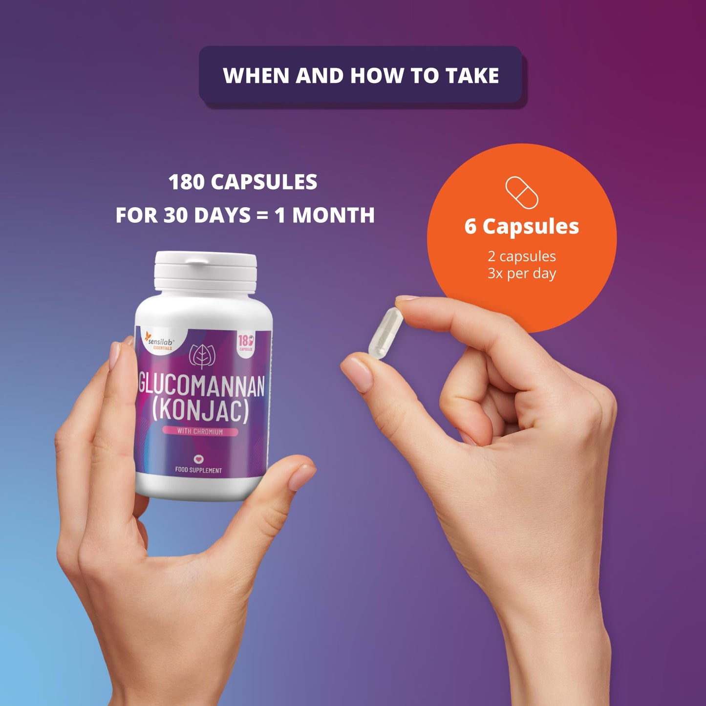 Glucomannan (Konjac) 3000 mg High Dose Capsules with Chromium, Vegan, Additives Free, Allergen Free, Non-GMO, 180 Capsules by Sensilab Essentials