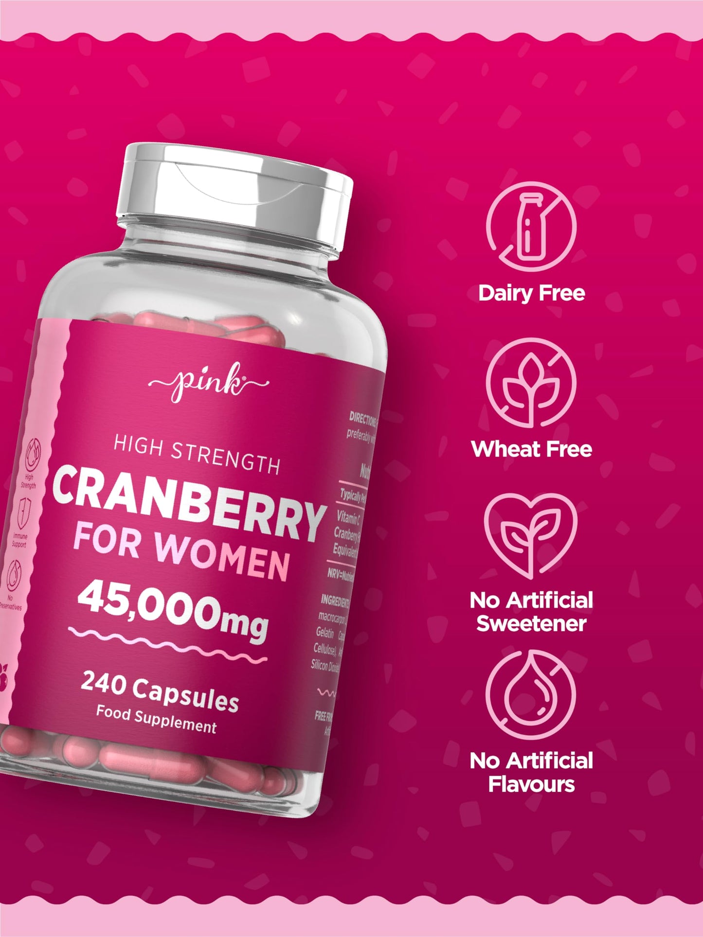 Cranberry Capsules 45000mg for Urinary Infections | 240 High Strength Capsules | with Vitamin C | by Pink