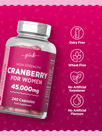 Cranberry Capsules 45000mg for Urinary Infections | 240 High Strength Capsules | with Vitamin C | by Pink
