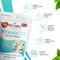 Red Label Health Vitamin D3 1000 IU, Pack of 360 Vitamin D Tablets (1 Year Supply), Healthy Teeth & Bones, Supports Immune System, High Strength Vitamin D Supplement for Men & Women, UK-Made
