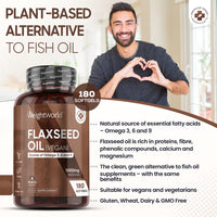 Flaxseed Oil Capsules - 2000mg per 2 Softgels - 180 Cold-Pressed & Vegan Omega 3 6 9 Capsules - Fish Oil Alternative - Linseed Oil ALA, Linoleic & Oleic Acid - Essential Fatty Acids Supplements