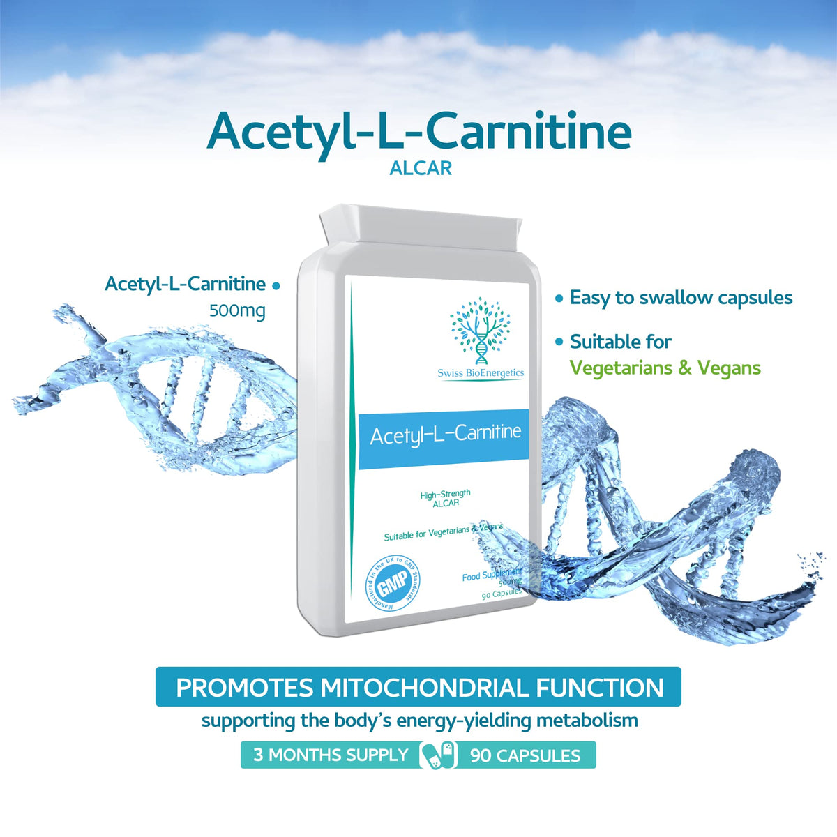 swiss bioenergetics Acetyl-L-Carnitine 500mg 90 Capsules - High-Strength ALCAR with no D-carnitine - Made in The UK - Suitable for Vegans