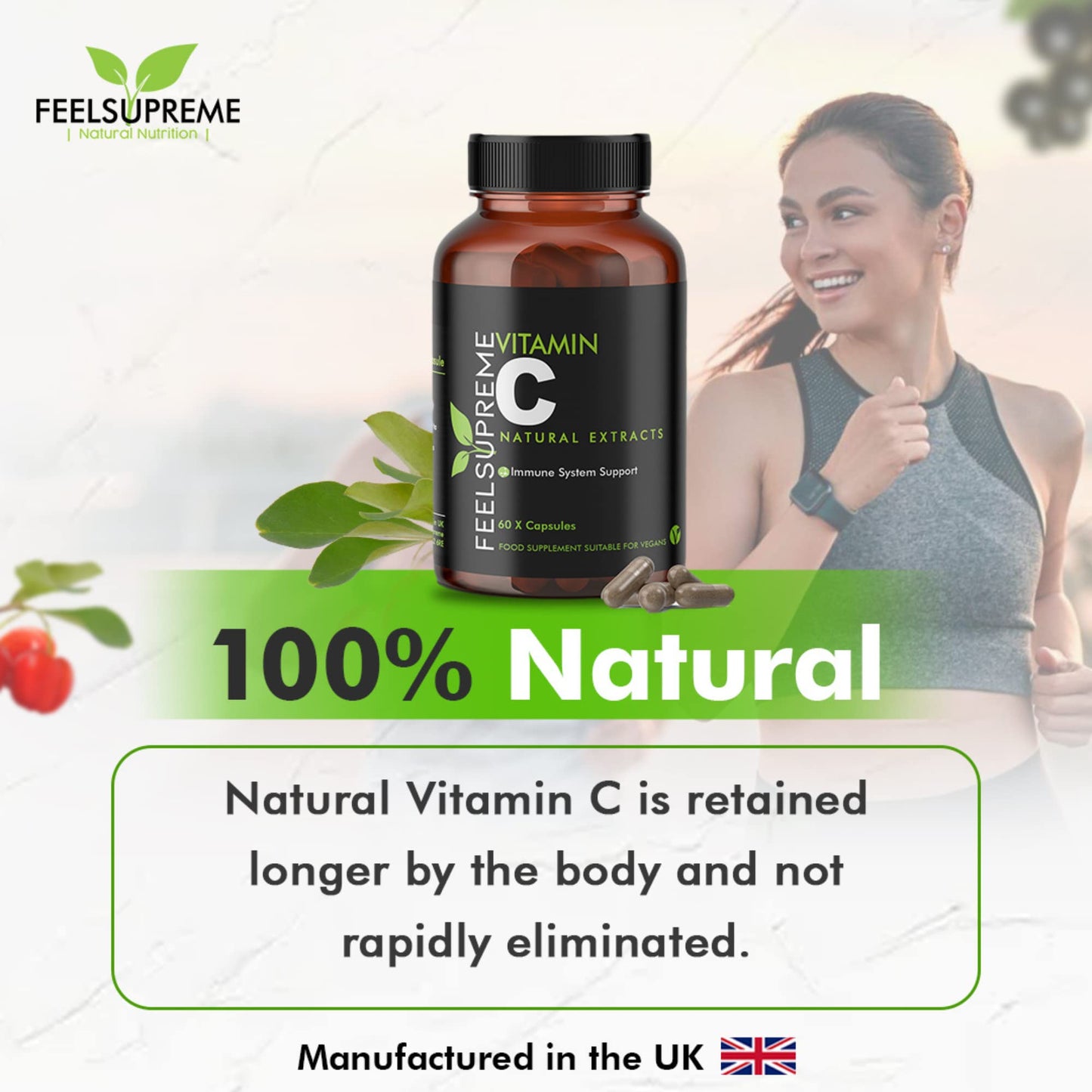 Feel Supreme 100% Natural Vitamin C 60 High Strength Food State Non-Synthetic Capsules Supplement Immune System Support No Nasty Fillers or Binders
