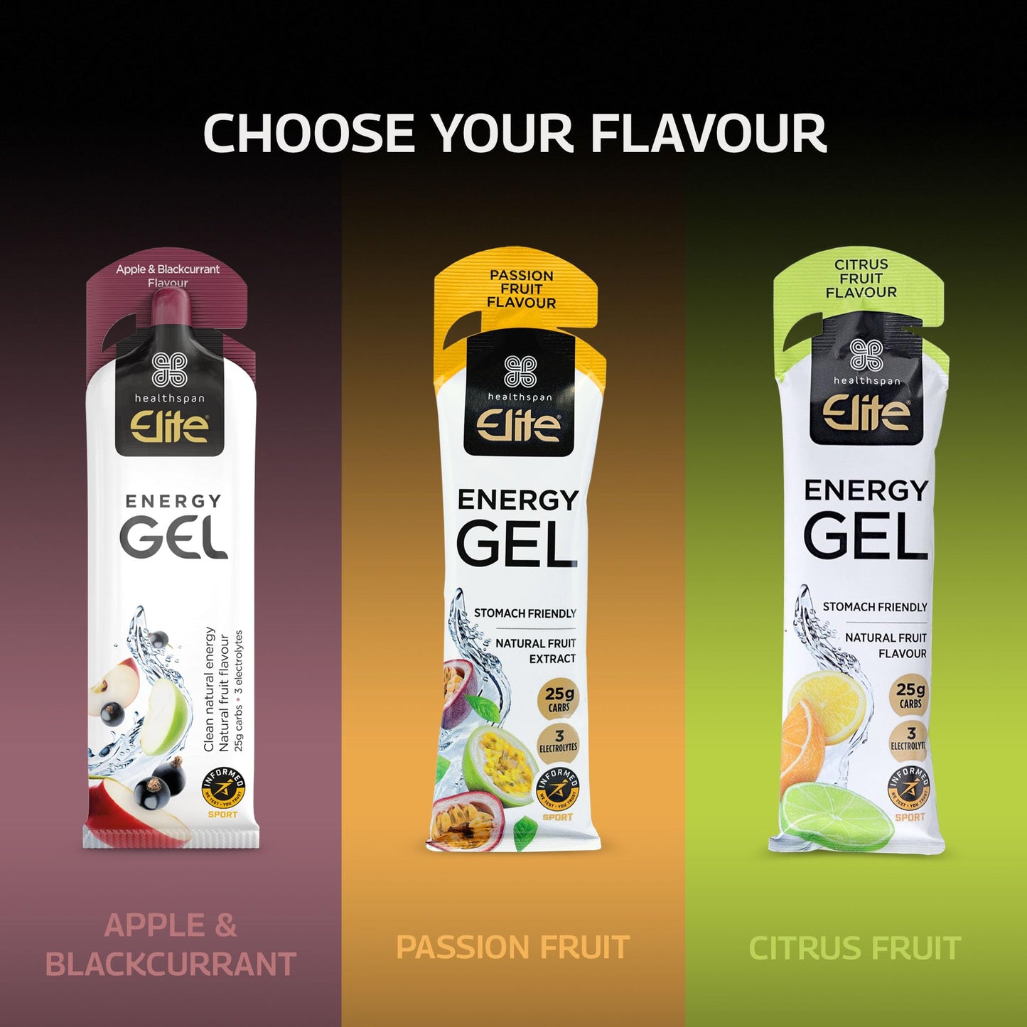 Healthspan Elite Energy Gels | 25g Dual Source Fast Acting Carbs | 3 Electrolytes- Sodium, Potassium & Calcium | Vegan (Mixed Flavours)