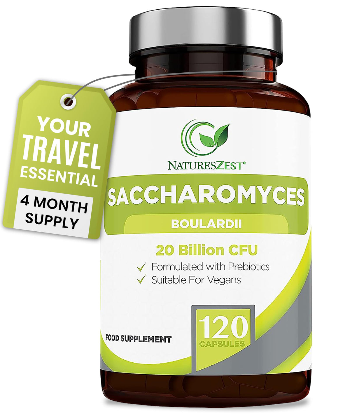 Natures Zest Saccharomyces Boulardii 20 Billion CFU - 120 Capsules | High Strength Prebiotics and Probiotics for Women & Men | Digestion Supplement with Natural Postbiotic Benefits | Vegan | 4 Months Supply