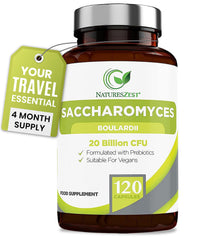 Natures Zest Saccharomyces Boulardii 20 Billion CFU - 120 Capsules | High Strength Prebiotics and Probiotics for Women & Men | Digestion Supplement with Natural Postbiotic Benefits | Vegan | 4 Months Supply