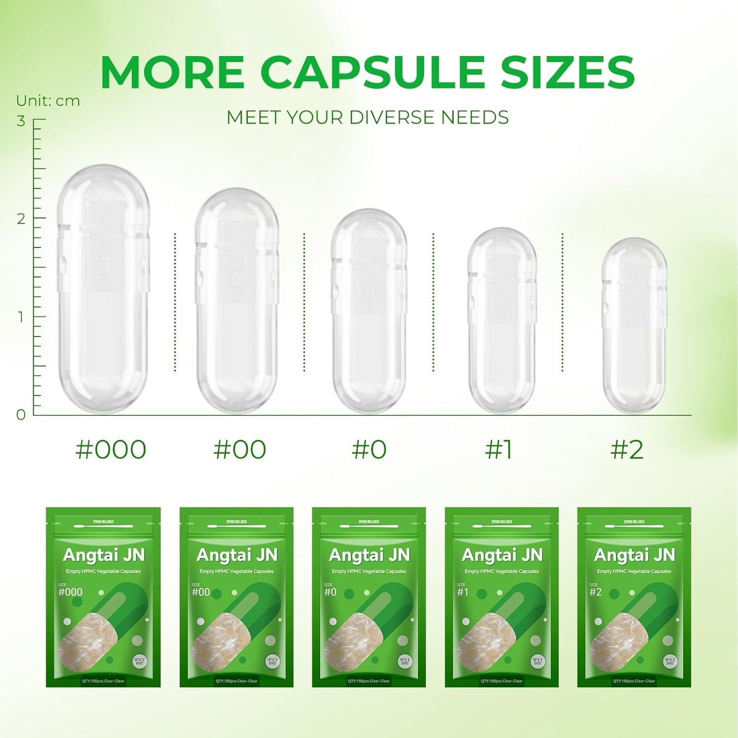 Angtai JN Empty Capsules, AngtaiJN 100 Count Clear Vegetarian Capsules, Size 0 DIY Pill Capsules Filling Empty Caps with Micro Lab Spoon, Kosher, ISO9001, Gluten Free, Halal Certified, Non-GMO Certified