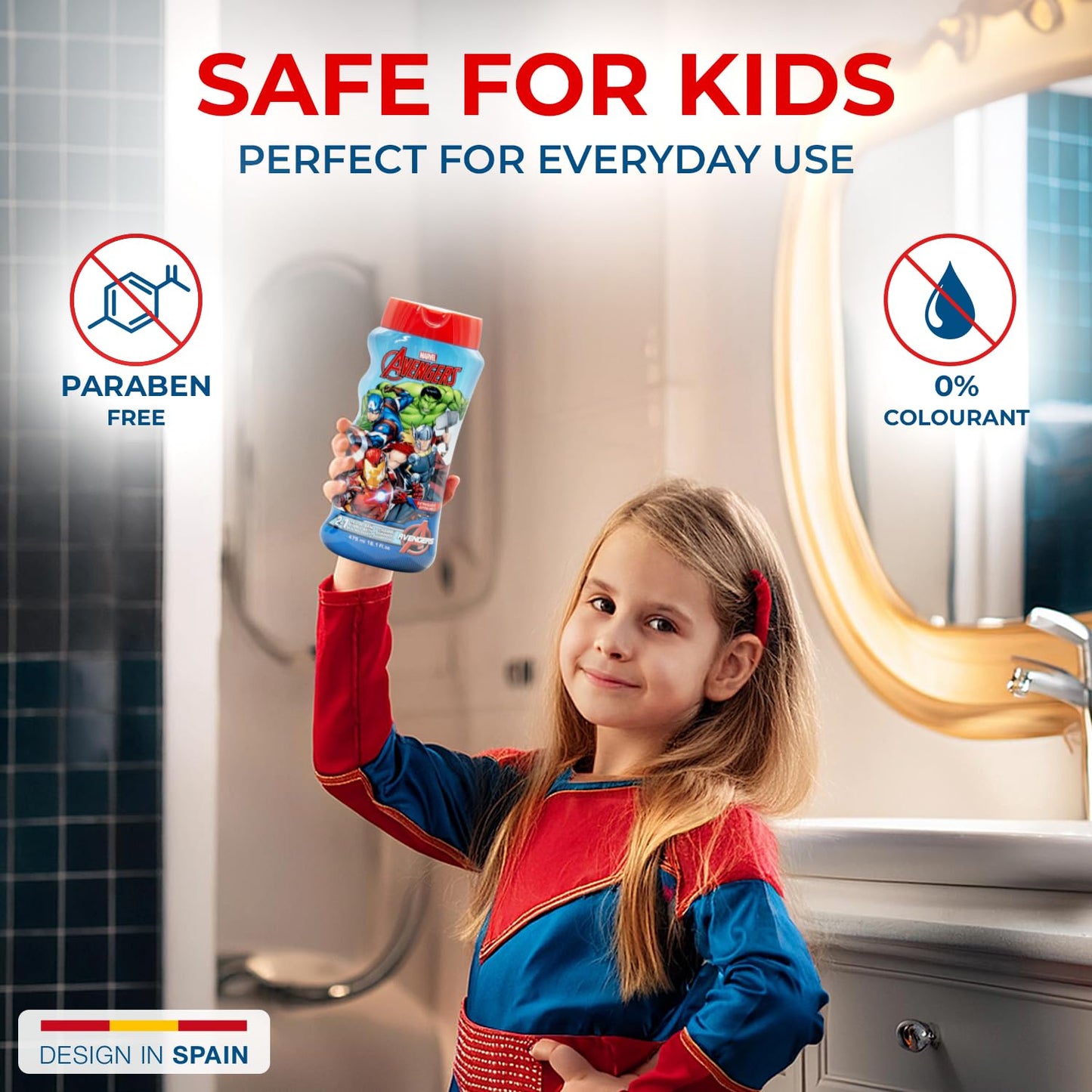 Avengers Kids 2-in-1 Bubble Bath & Shampoo - Gentle, Paraben-Free Bath & Hair Wash with Vitamin E & A, pH Balanced for Sensitive Skin - Lightly Scented, Safe for Children Aged 3+, 475ml