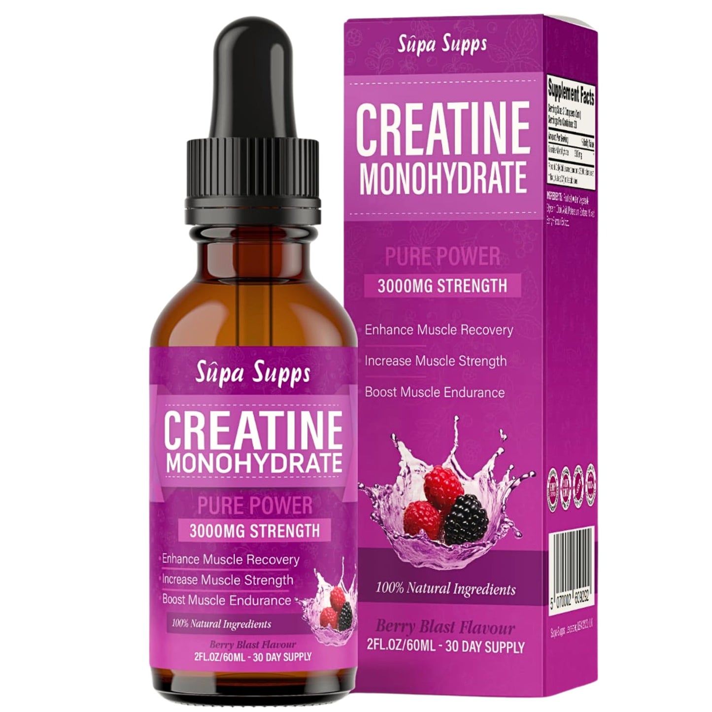 Supa-Supps Creatine Monohydrate Liquid Drops - 60ML | Potent Creatine for Muscle Growth | Easy-to-Use Berry Blast Flavour | Creatine Monohydrate Powder Alternative | Maximum Gym Performance | Enhanced Absorption