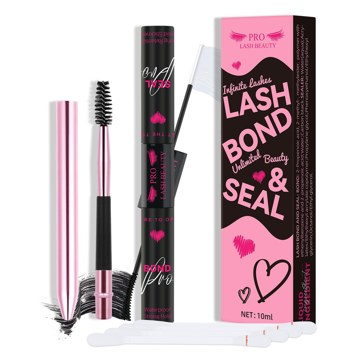 PRO LASHBEAUTY PRO Lash Bond and Seal Lash Glue Waterproof Eyelash Glue for Cluster Lashes Strong Hold 72+Hours DIY Lash Extension Glue Long Lasting,Gentle Formula,Easy to Use(5ml+5ml, Black Bond & Clear Seal)