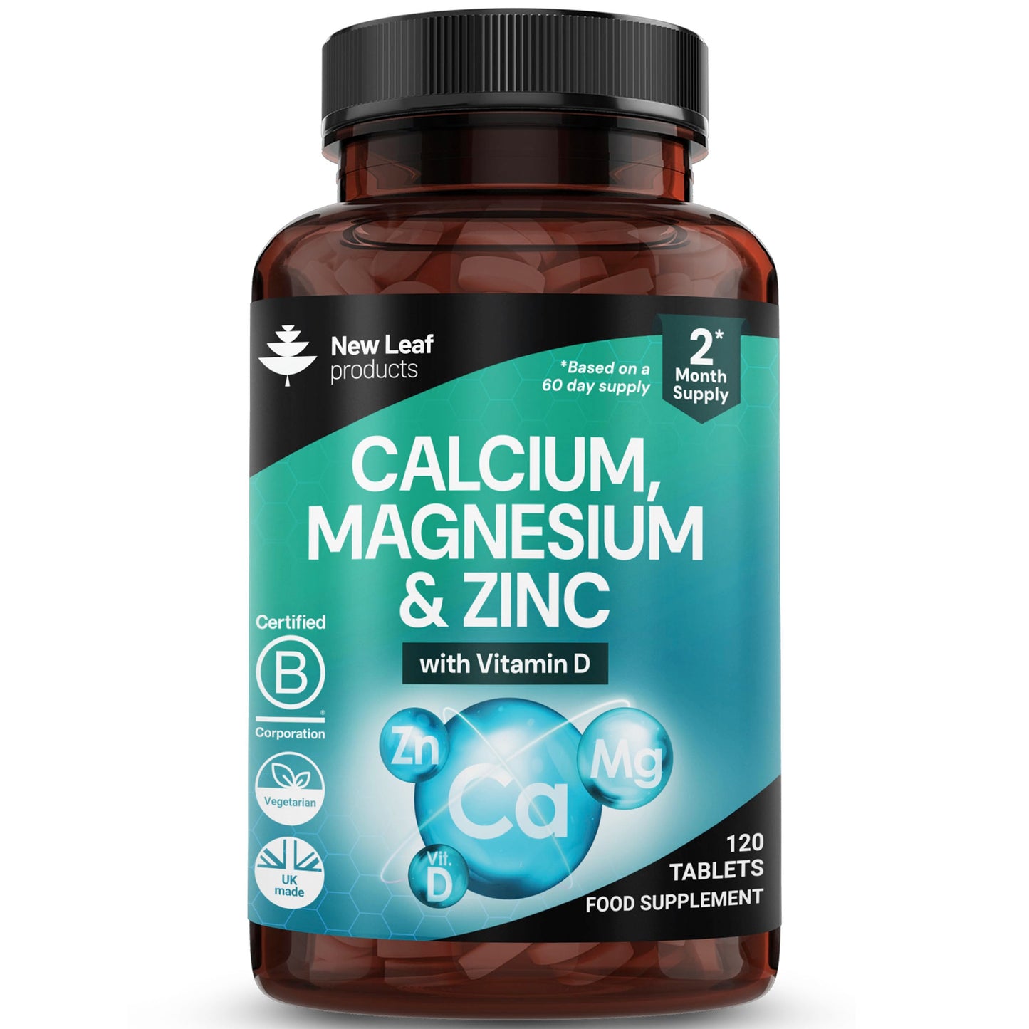 NEW LEAF PRODUCTS Calcium Magnesium Zinc and Vitamin D Supplement - 120 High Strength Tablets Supplement with Magnesium Vitamin D, Zinc Tablets Complex Made in The UK by New Leaf