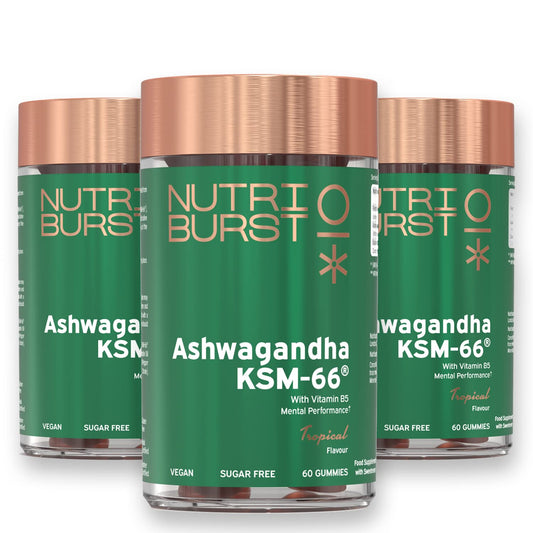 Nutriburst 300mg Ashwagandha + Vitamin B5 & Iodine Multipack - Herbal Adaptogen to Reduce Tiredness & Support Mental Performance - Vegan & Sugar Free - 3 x 60 Tropical Gummies - 3 Month Supply