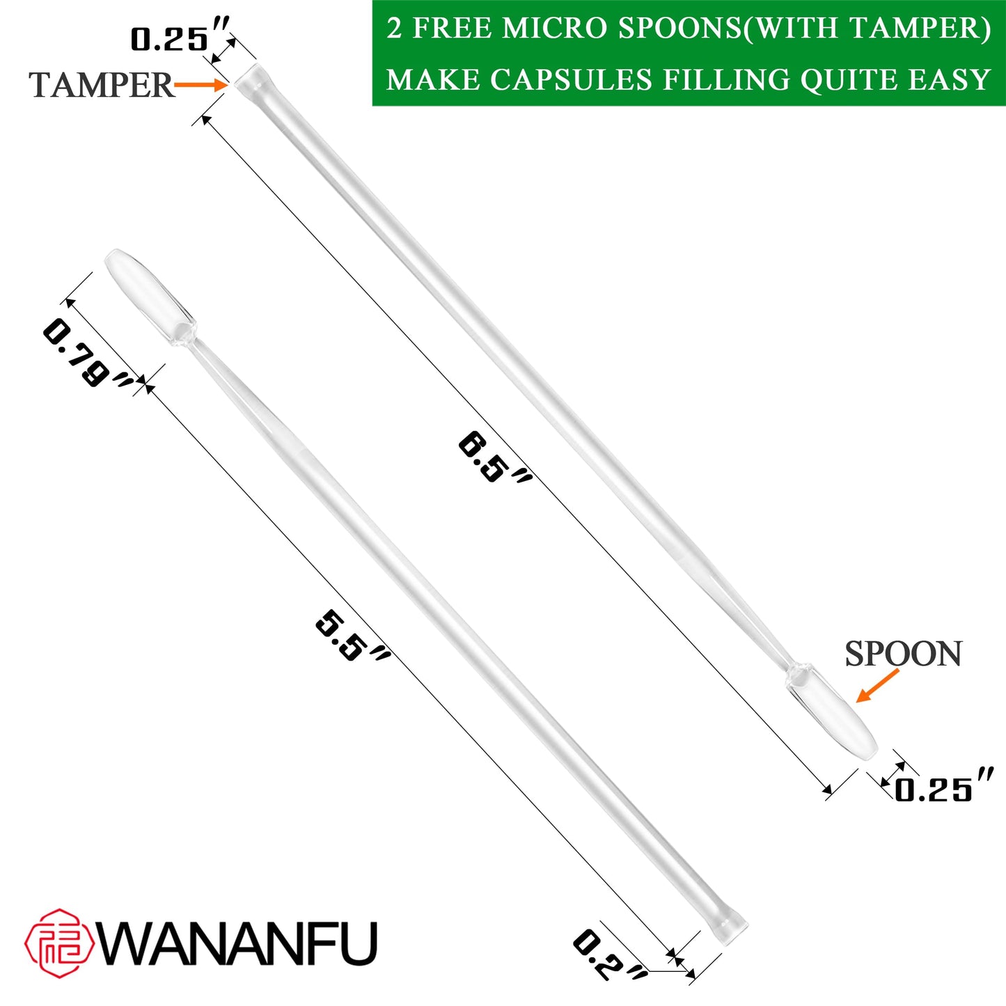 wananfu WANANFU Size 0 Empty Capsules Vegetarian (100 Count) Bundle with Micro Lab Spoon with Powder Tamper, Compatible with Capsule Filling Machine