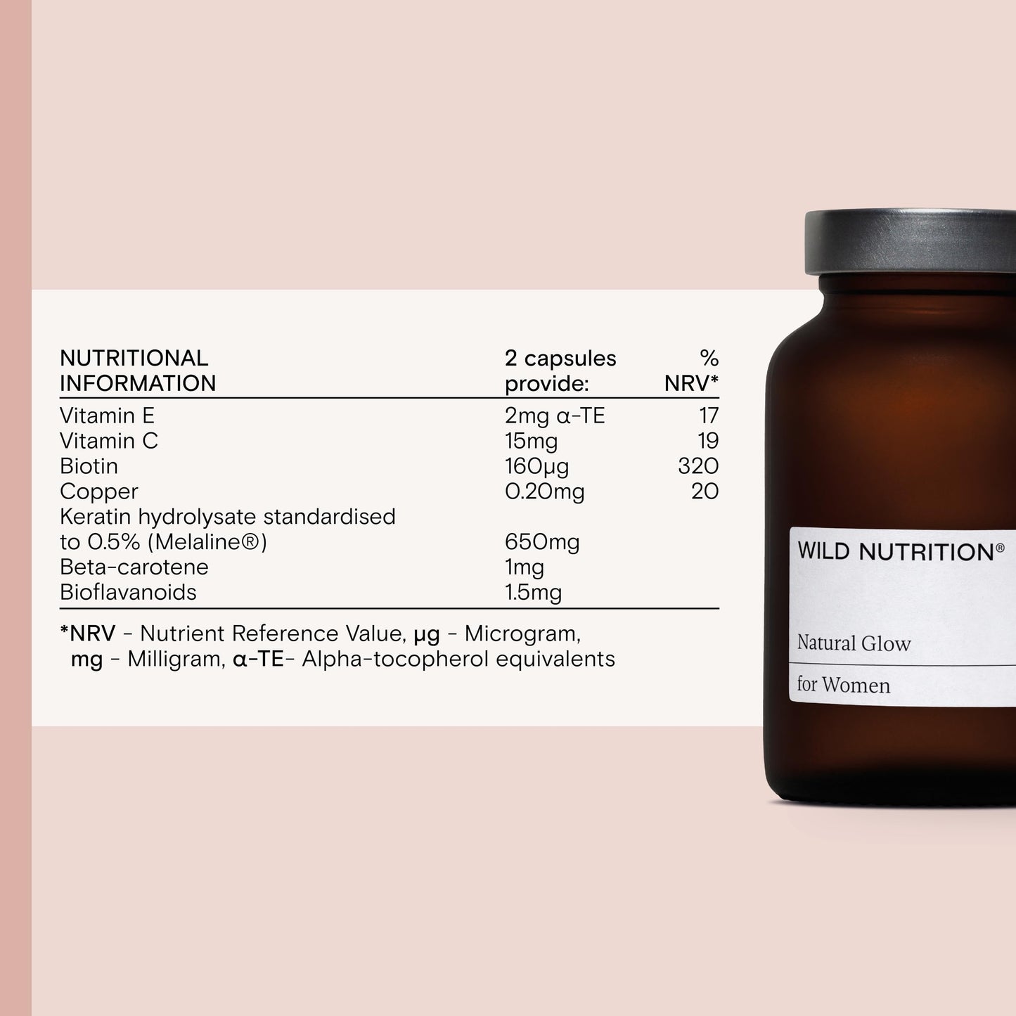 Wild Nutrition Food-Grown® Natural Glow Supplements | Supports Collagen Formation | Supports Skin, Hair and Nail Health | Melaline, Biotin, Vitamin C and E | 60 Capsules