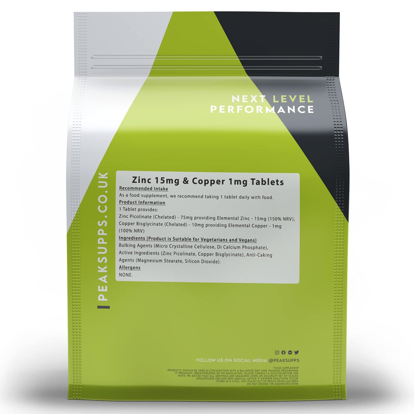 Peak Supps Zinc Picolinate 15mg and Copper 1mg - 180 Tablets | Vegan | Chelated