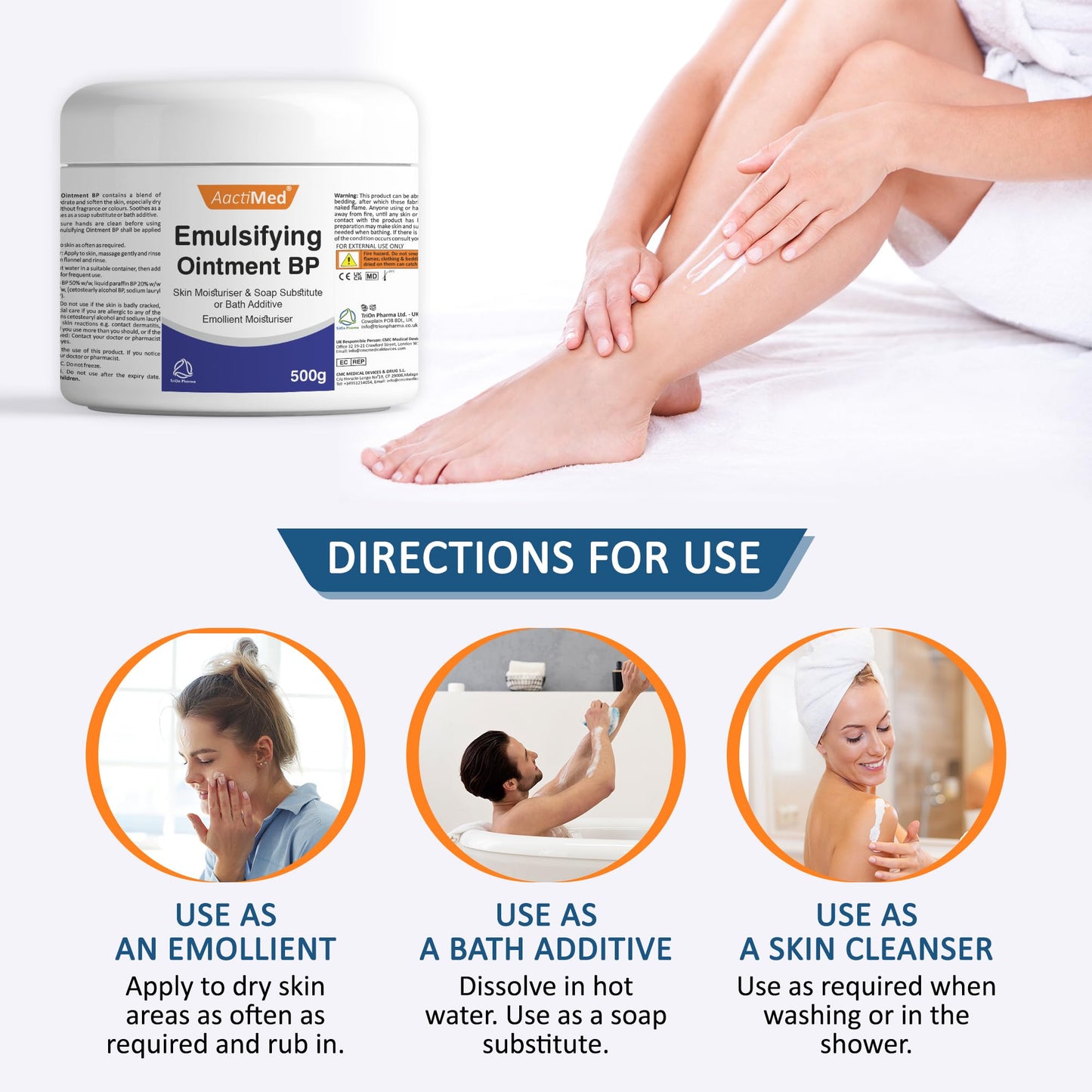 AactiMed Emulsifying Ointment – 500g for Skin Moisturiser & Soap Substitute or Bath Additive