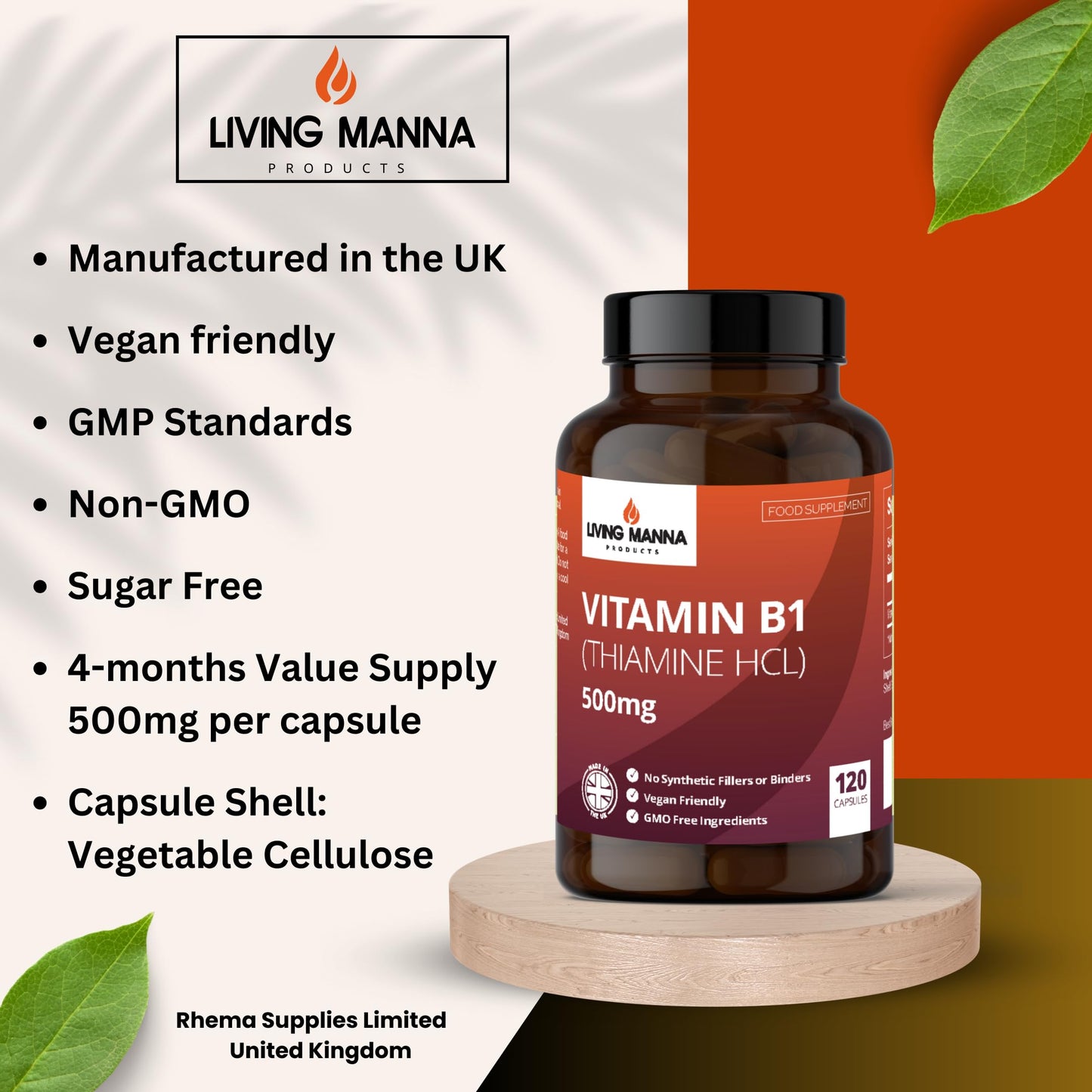 Vitamin B1 Thiamine HCl Capsules | 500mg of B1 Thiamine per Capsule | 120 Vegan Capsules | Living Manna