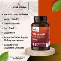 Vitamin B1 Thiamine HCl Capsules | 500mg of B1 Thiamine per Capsule | 120 Vegan Capsules | Living Manna