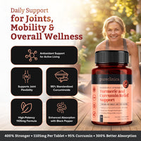 Pureclinica Turmeric Curcumin - 1100mg x 360 Tablets (2 Bottles of 180) - w/ 95% Curcumin and 5mg Black Pepper Extract