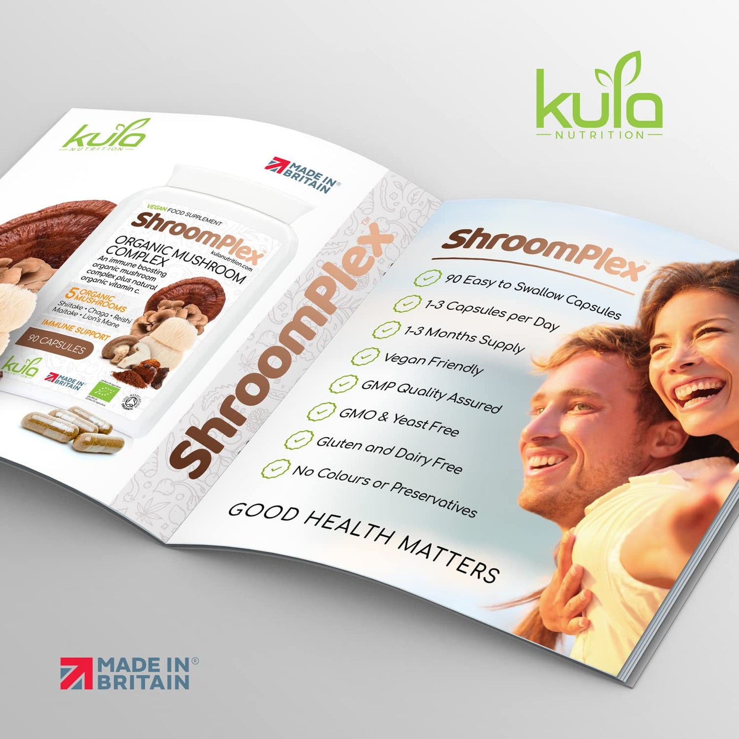 Kula Nutrition ShroomPlex Organic Mushroom Complex - Immune Boosting Mushroom Blend - 90 High Strength Vegan Capsules with Lions Mane, Shiitake, Chaga, Maitake and Reishi - Plus Organic Black Pepper & Vitamin C