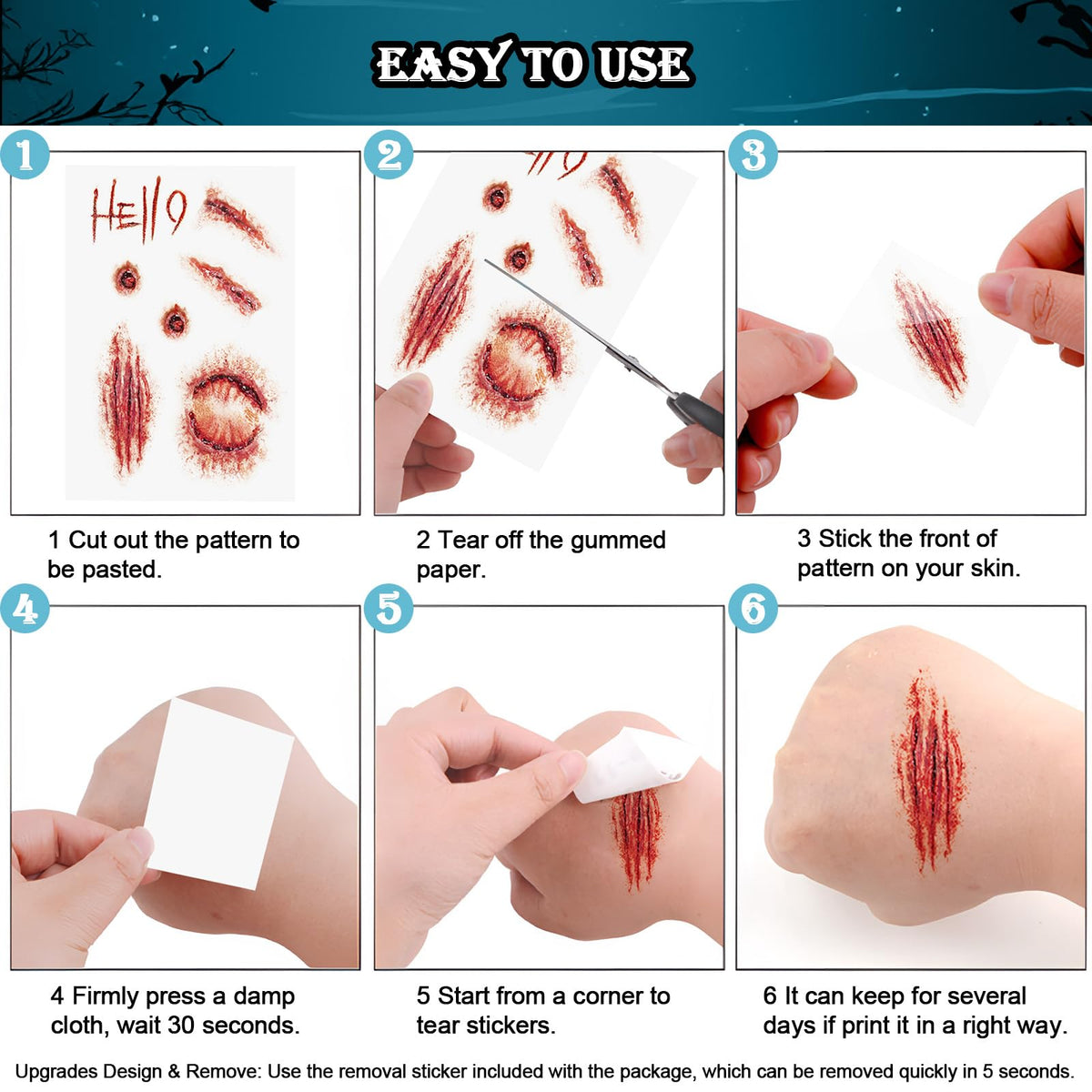 AUXHCYL Halloween Tattoos(9 Sheets),Scar Tattoos Stickers with Fake Scab Blood,Zombie Makeup Halloween Face Stickers,Temporary Tattoos For Men Women