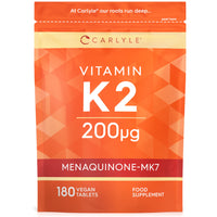 Vitamin K2 MK7 200ug | 180 Vegan Tablets | Menaquinone-MK7 | Contributes to Normal Blood Clotting and Bone Support | Suitable for Vegetarians and Vegans | by Carlyle