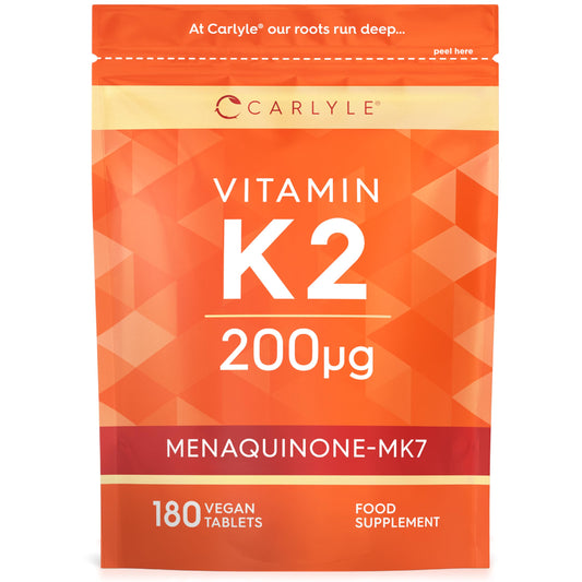 Vitamin K2 MK7 200ug | 180 Vegan Tablets | Menaquinone-MK7 | Contributes to Normal Blood Clotting and Bone Support | Suitable for Vegetarians and Vegans | by Carlyle